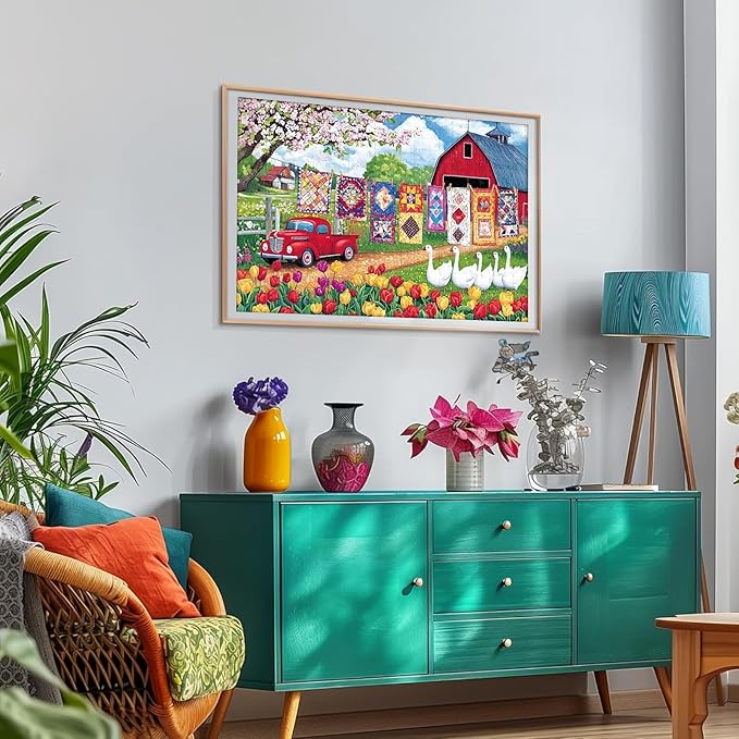 300 Piece Jigsaw Puzzle for Adults – Springtime Farmyard Delight with Quilts & Tulips– Challenging and Relaxing Puzzle for Game Nights, Gifts & Home Décor (20.5" × 15")