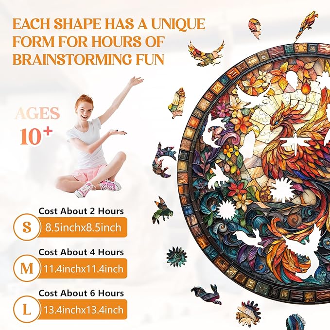 Wooden Puzzles for Adults, Stained Glass Phoenix-2 Unique Shaped Wood Puzzles Adult, Wooden Jigsaw Puzzles for Adults Kids, Creative Birthday Gifts for Friends Family Game (11.4 * 11.4in 200pcs)
