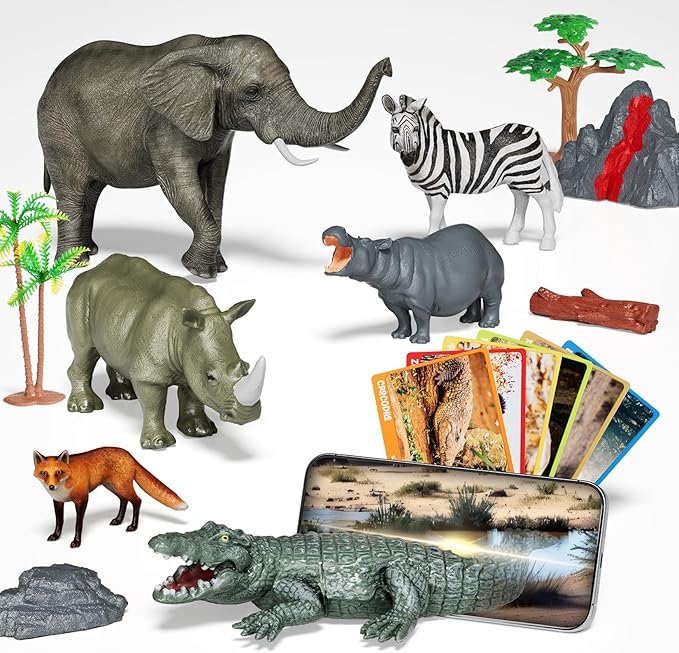 Africa Safari Animals Figures Toys, AR Realistic Jumbo Wild Zoo Animal Figurines, 3D Plastic Jungle Animals Playset with AR Card for Kids Plastic Educational Toys for Toddlers 3-7,8-12