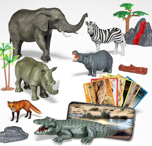 Africa Safari Animals Figures Toys, AR Realistic Jumbo Wild Zoo Animal Figurines, 3D Plastic Jungle Animals Playset with AR Card for Kids Plastic Educational Toys for Toddlers 3-7,8-12
