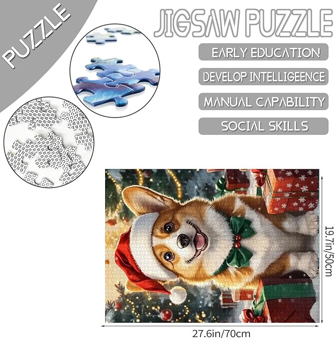 Merry Christmas 1000 Piece Jigsaw Puzzles for Adults Cute Little Dog Painting Jigsaw Puzzle Animal with Christmas Hat 1000 Pieces Puzzles Game Home Wall Decor DIY Craft Xmas Tree Puzzle Art Gift