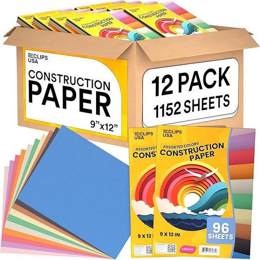 Construction Paper Assorted Colors, Colored Paper, Craft Supplies, Colored Construction Paper Bulk, Back to School Supplies (12 Pack / 1152 Sheets)