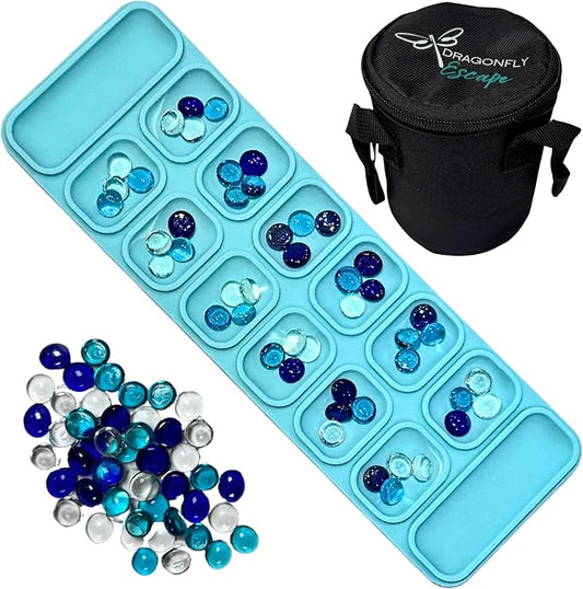 Travel Mancala Board Game Set – Flexible Silicone Roll-Up Board, 50 Stones & Zippered Canvas Bag – Portable Strategy Game for Adults & Teens (Light Teal)