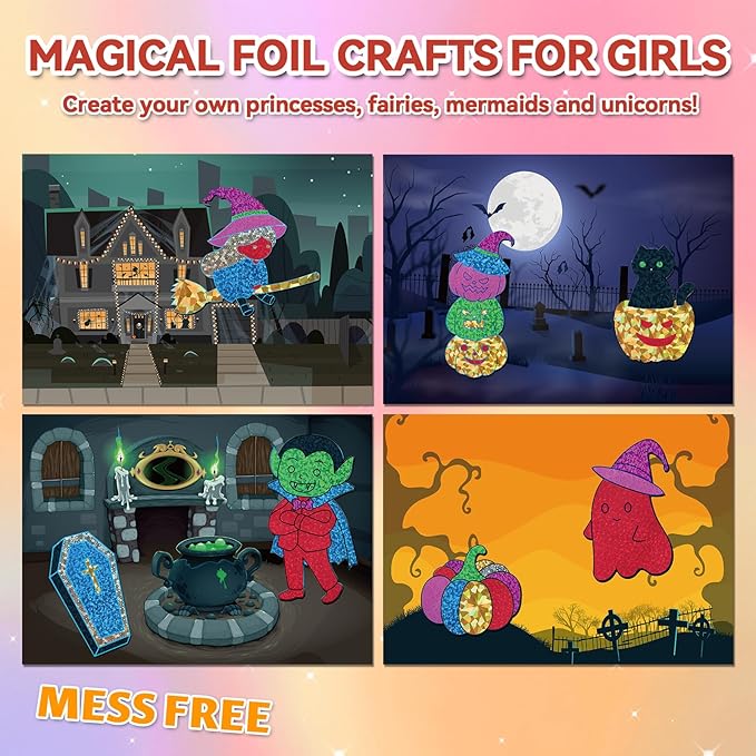 Halloween Crafts for Kids Foil Art No Mess Foil Craft Toy for Kids Ages 4 5 6 7 8 9 10, DIY Activity Kit with Spooky Ghosts, Pumpkins & Bats,Halloween Party Favors Toys & Games for Boys and Girls