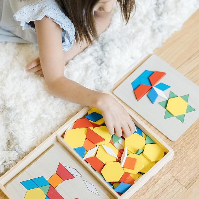 Melissa & Doug Pattern Blocks and Boards with 120 Multi-Colored Wooden Shape Tiles, 5 Double-Sided Puzzle Boards, Tangram Puzzles, Montessori Toys for Girls & Boys