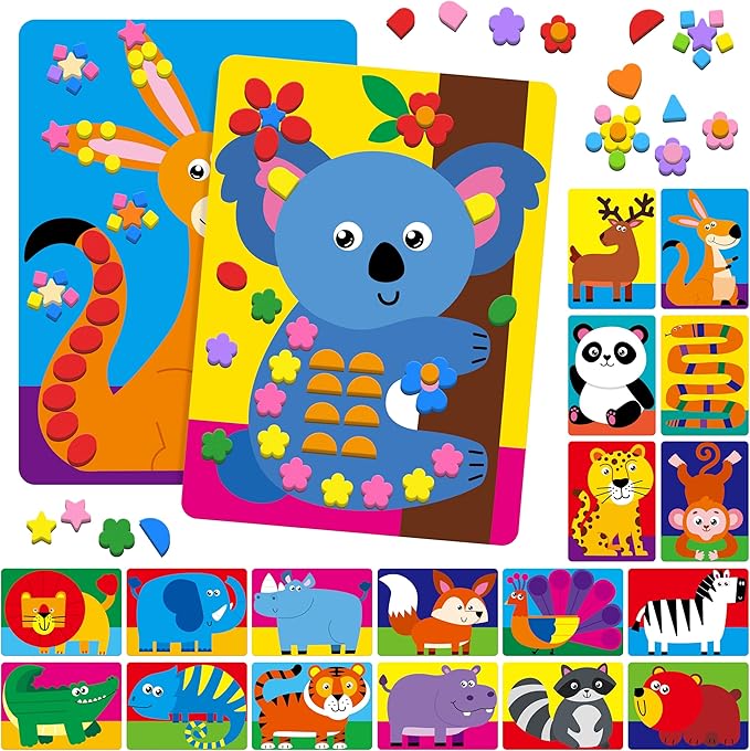 Foam Sticker Art Activity, 20 Wild Animal Art Boards with 1660 Foam Stickers in 10 Colors, Funny DIY Activity Creative Craft Kits Travel Game for Kids, Boys & Girls