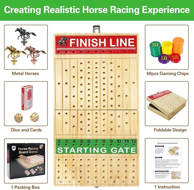 FUNNYB&G 21 inches Horse Race Board Game Foldable Large Horse Racing Game for Adults with 11 Metal Horses, Solid Wood 60 Pcs Poker Chips 2 Dice 1 Pack of Cards for Family Tabletop Parties(Log)