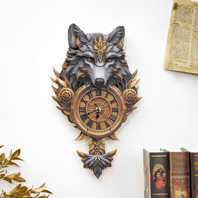 3D Puzzle for Adults Clock - Grey Wolf Clock Design Model Kit-Mechanical DIY Pendulum Clocks with Roman Numerals-Desk Home Office Decor Personalized Gift for DIY Lovers