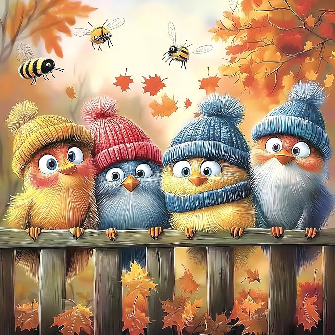 Autumn Birds 500 Piece Jigsaw Puzzle for Adults Cute Fall Nature Landscape Cartoon Baby Birds with Winter Hats Family Challenging Puzzle with Letters on Back Perfect for Game Night (23"X15")