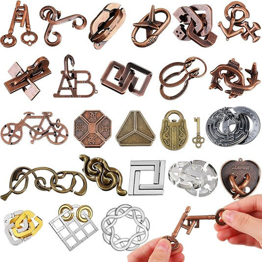 Yilloog 24 Pcs Metal Brain Teaser Puzzles Assortment for Adults Difficult Magic Puzzles Highly Hard Brain Games Iq Logic Test Disentanglement Game for Classroom Mind Challenge(Classic)