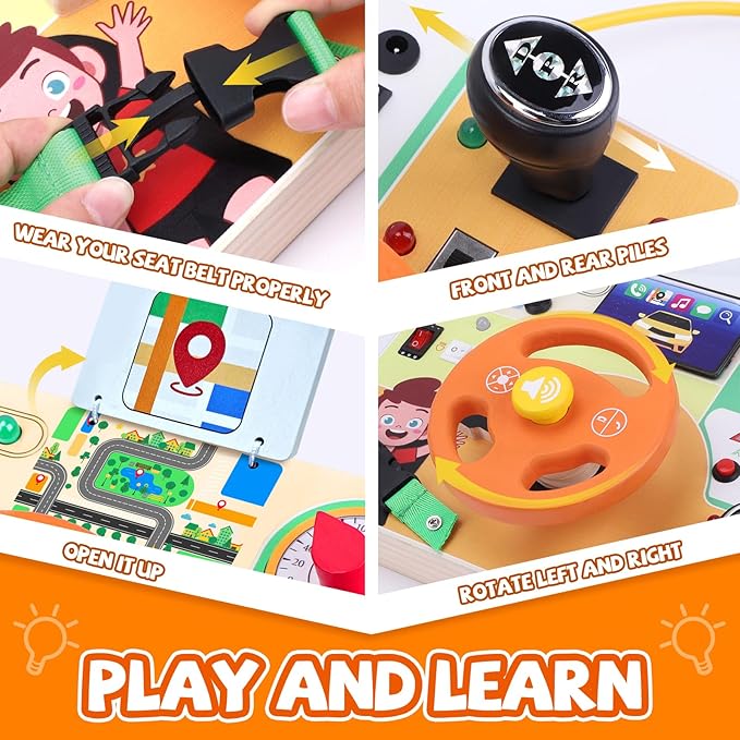 Busy Board,Montessori Toys for 1-3 Years Old, Wooden Toddler Toy, Autism Sensory Travel Toys, Ideal Gift for 1+ Year Old Boys (Busy Board v6)
