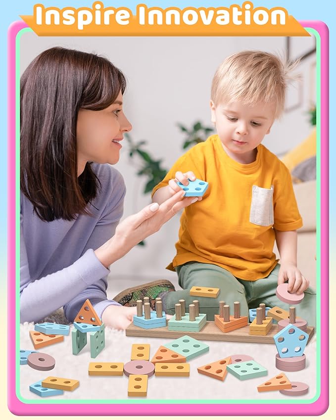 Montessori Toys for 1 2 Year Old Girl Boy, Toddler Toys 1 2 Year Old Girl Boy Birthday Gifts, Education Toddler Puzzles for Wooden Stacking Block Ages 1-3 2-4