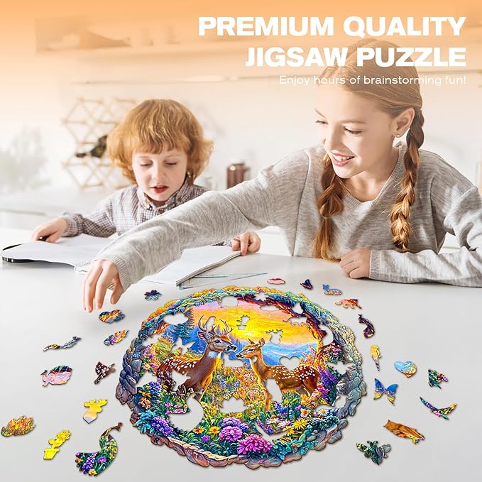 Wooden Puzzles for Adults - Deer Among Flowers Wooden Jigsaw Puzzle - Unique Animal Shaped Wood Puzzles Adult - Christmas Birthday Gifts for Adults/Friends/Family - 300pcs 13.4 * 13.3in