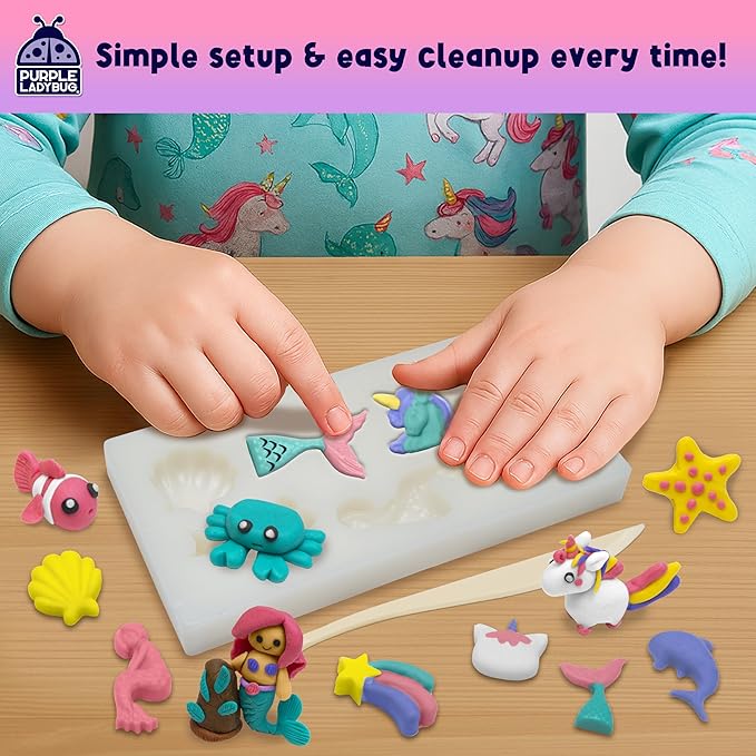PURPLE LADYBUG Eraser Lab DIY Clay Mini Cute Eraser Kit for Girls - Unicorn & Mermaid Theme - Fun Craft Activity for Girls Aged 4 5 6 7 8 9 10, Perfect Back to School Supply & Birthday Gift Idea
