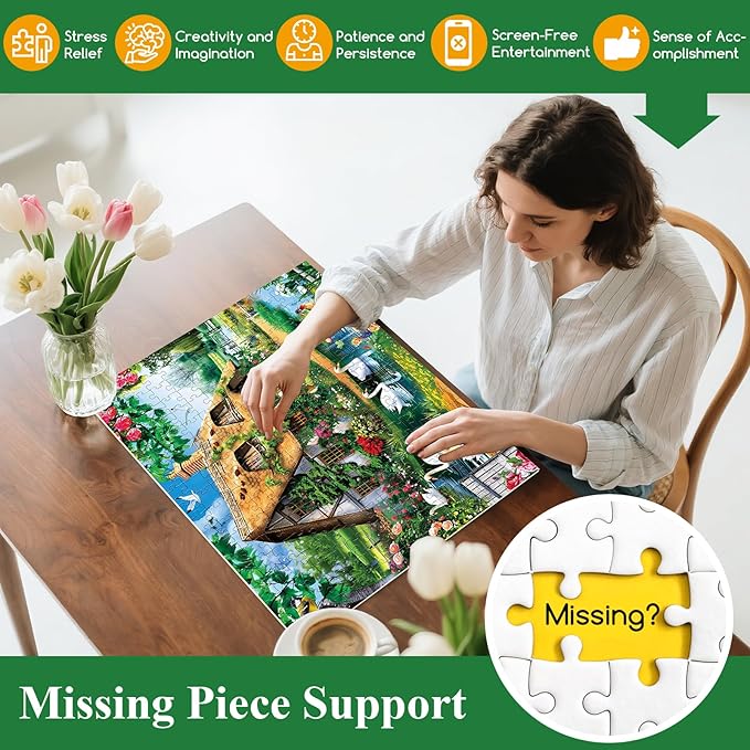 300 Piece Puzzles for Adults, Country Cottage Lake Puzzle for Adults Kids Seniors,Large Piece Landscape Puzzle for Kids 8-10 10-12,Garden Swan Flowers House Puzzles Perfect for Game Nights,20.5x15 in