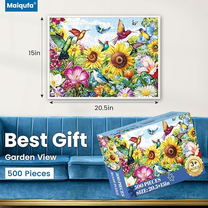 500 Pieces Puzzle for Adults - Summer Birds Garden Jigsaw Puzzle for Adults Kids Teens,Recycled Cardboard Hummingbird Flowers Puzzle 500 Pieces,Challenging Game for Family Fun & Gift Idea,20.5 x 15 in