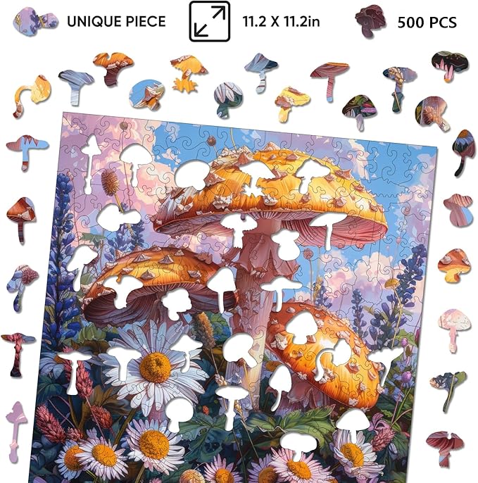 Wooden Puzzles for Adults, 500 Pieces Mushroom Flower Wooden Jigsaw Puzzles, 15.7 in Wooden Puzzle Adult Creative Christmas Thanksgiving Toy Gifts for Friends Family Puzzle Lovers