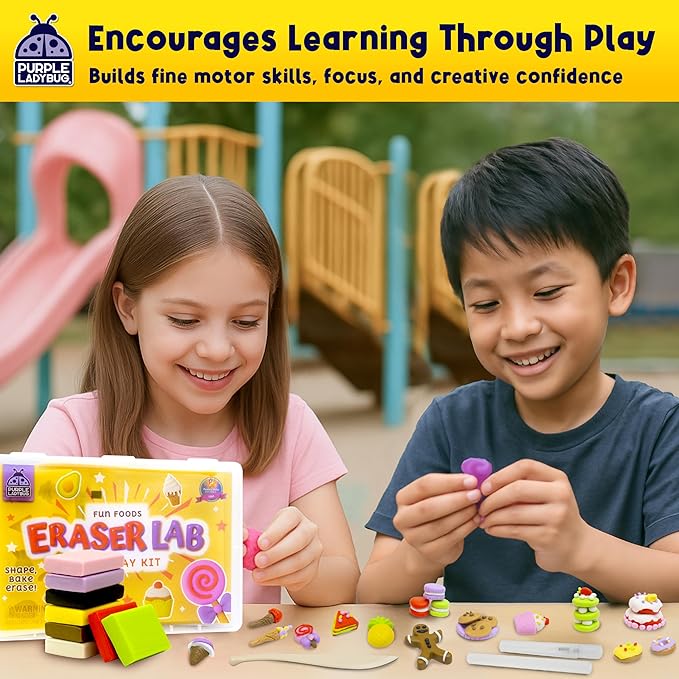 PURPLE LADYBUG Eraser Lab DIY Clay Kit - Food-Themed Fun Eraser for Kids Craft Set, 8 Clay Colors, Mold Tray & Shaping Tools, Creative Activity for Boys & Girls Aged 4+, Gift for Birthday, Christmas
