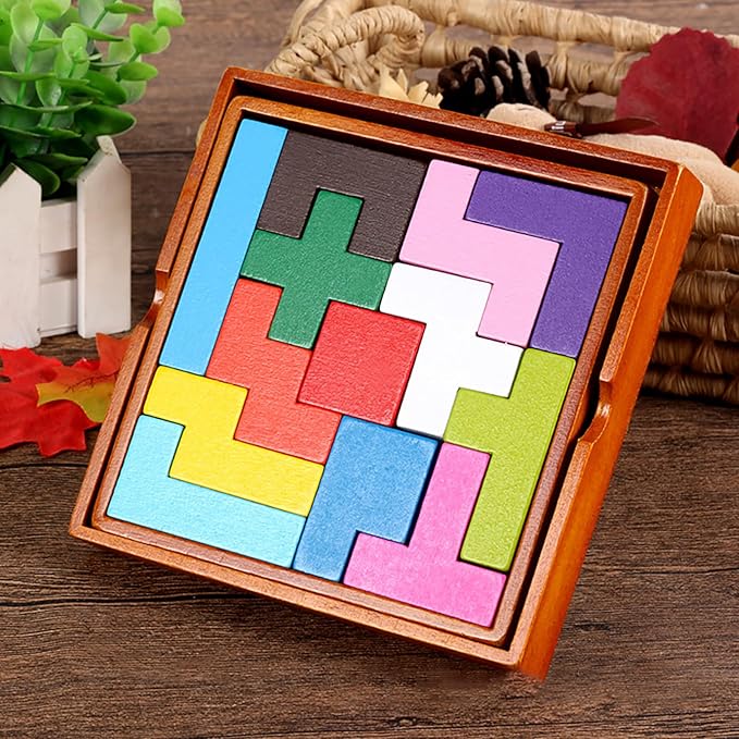 Wooden Puzzle Pattern Blocks Brain Teasers Game 3D Russian Building Toy Geometric Wood Tangram Shape Jigsaw Puzzles Montessori STEM Educational Toys Gift for Kids Adults (Multicolor)