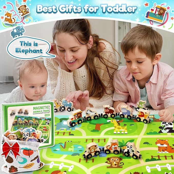 Toys for 1 2 3 Year Old Boys Girls, Montessori Toys Magnetic Wooden Train Set Gifts for 2-3-4 Year Old Boy Girl Educational Toddler Toy Birthday Presents Age 1+ Kids Animal Farm Games with Track Mat