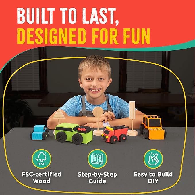 SparkJump DIY Wood Building Kits, STEM Woodworking Kit for Kids, Creative Fun Craft Projects, Great Gift for Boys & Girls (Wooden Cars, 1-Pack)