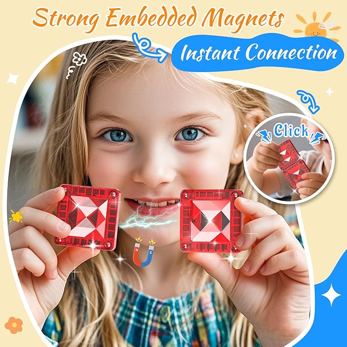 Mini Magnetic Tiles for Kids Ages 3-8, Travel Magnetic Building Blocks with Metal Storage Box, STEM Educational Toys, Montessori Sensory Learning Toys for Toddlers, Boys & Girls Gift