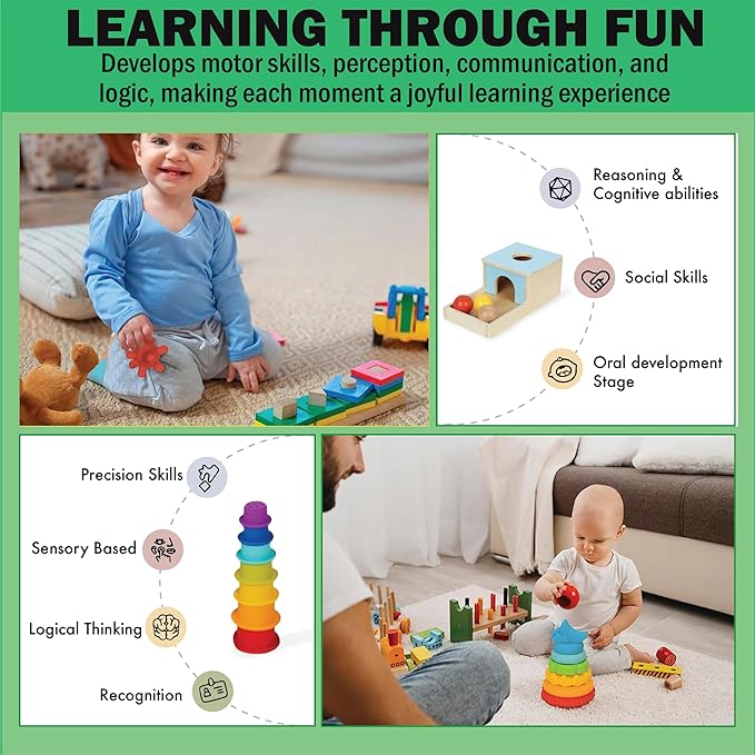 Montessori Toys for Babies 7-12 Months - 6-in-1 Baby Learning Set w/Object Permanence Box, Color Book, Milestone Blocks & More - Educational Toys for Fine Motor & Cognitive Development