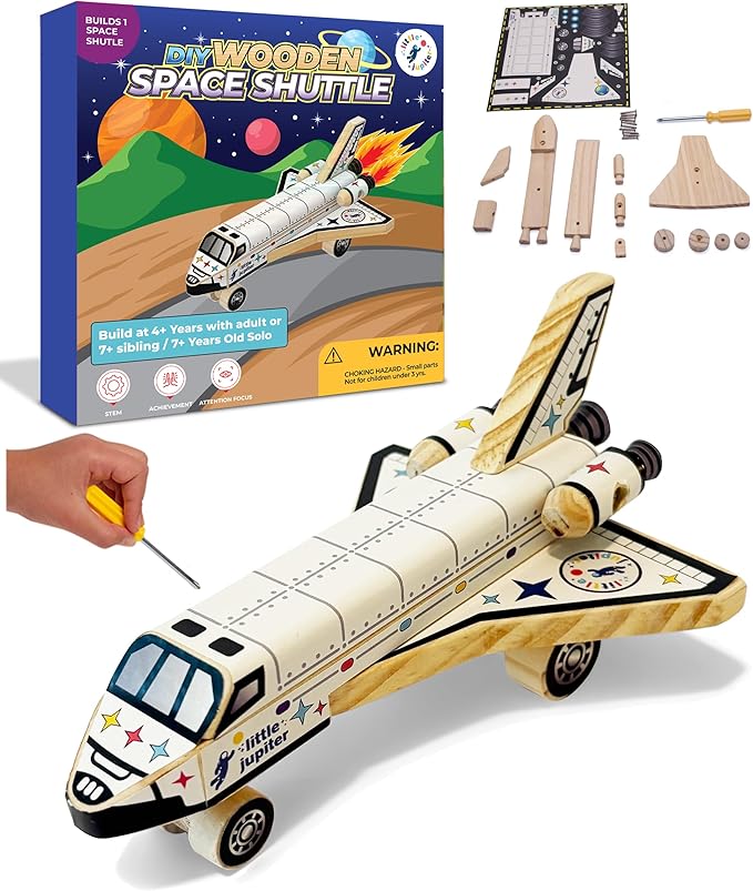 DIY Build Your Own Space Shuttle Toy Model - Wooden Kit w/Stickers - Kids Wood Building Kit for Boys & Girls - Toy Spaceship Stem Toys for Ages 4-10 - Wood Crafts for Kids - STEM Woodworking Kits