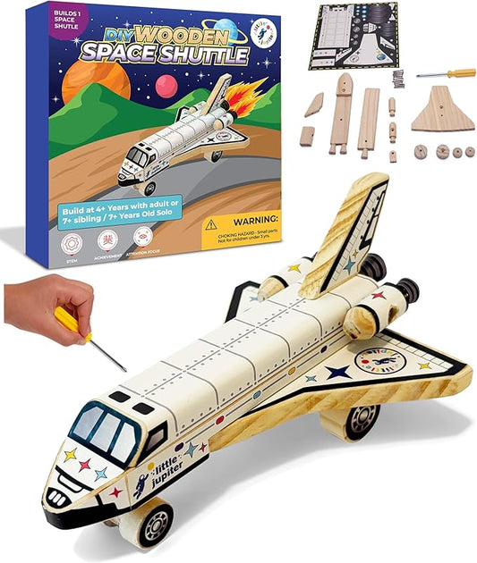 DIY Build Your Own Space Shuttle Toy Model - Wooden Kit w/Stickers - Kids Wood Building Kit for Boys & Girls - Toy Spaceship Stem Toys for Ages 4-10 - Wood Crafts for Kids - STEM Woodworking Kits