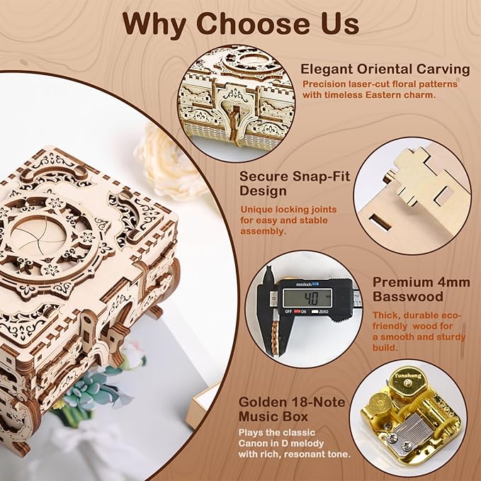 3D Wooden Puzzle for Adults Music Box – DIY Mechanical Treasure Chest with Hidden Compartments, Jewelry Storage & Melody, Decorative for Christmas or Birthday