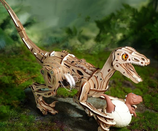 ROBOTIME Dinosaur 3D Wooden Puzzles, Velociraptor Model Kits can Walk, Mechanical Dinosaur STEM Toys, 3-D Puzzles Building Kit Gifts