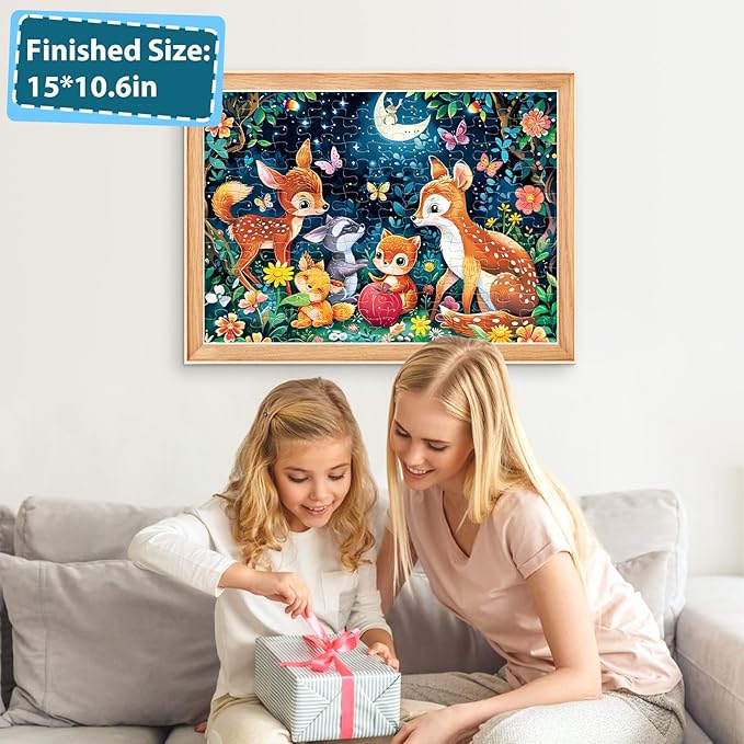 Puzzles for Kids Ages 4-8 - Cute Deer Party in Forest Night - 100 Piece Jigsaw Puzzles for Kids Ages 4-6 6-8 8-10 Year Old Children Puzzles for Boys and Girls Educational Learning Toys and Gifts