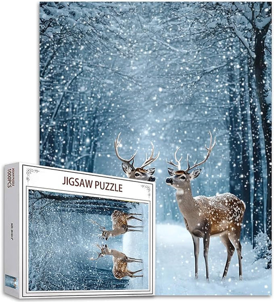 Winter Landscape 1000 Piece Jigsaw Puzzles for Adults Animal/Wildlife Deer Painting Jigsaw Puzzle Mist Forest 1000 Pieces Puzzles Game Home Wall Decor DIY Craft Merry Christmas Puzzle Art Boho Gift