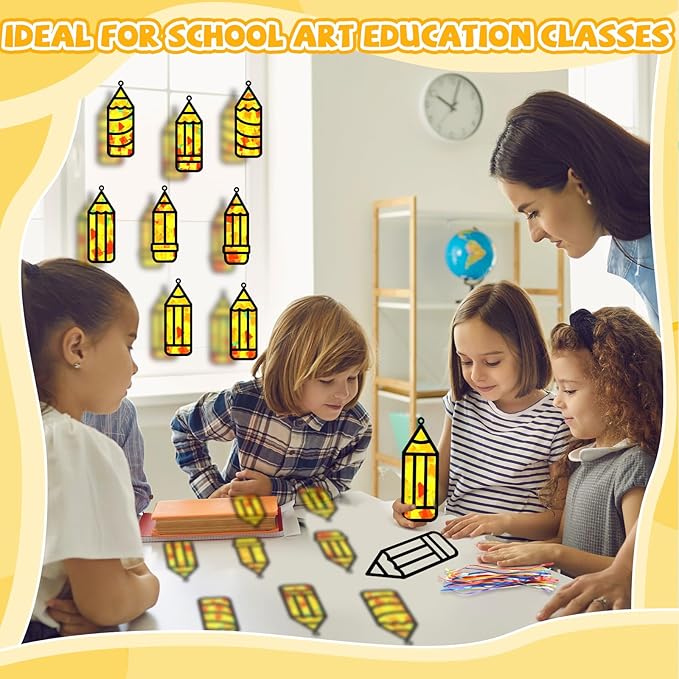 32 Sets Back to School Pencil Suncatchers Craft Kit DIY Window Stained Glass Effect Pencils Paper Crafts for Home School Classroom Decoration Kid Birthday Gifts Creative Art Projects Activity Game