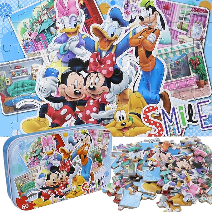 Minnie Mickey Puzzles for Kids Ages 3-8 - 60 Piece Jigsaw Puzzles for Girls & Boys - Educational Toys in a Metal Box