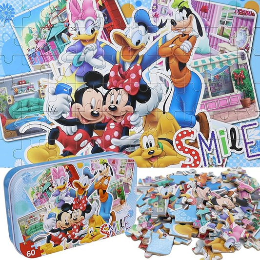 Minnie Mickey Puzzles for Kids Ages 3-8 - 60 Piece Jigsaw Puzzles for Girls & Boys - Educational Toys in a Metal Box
