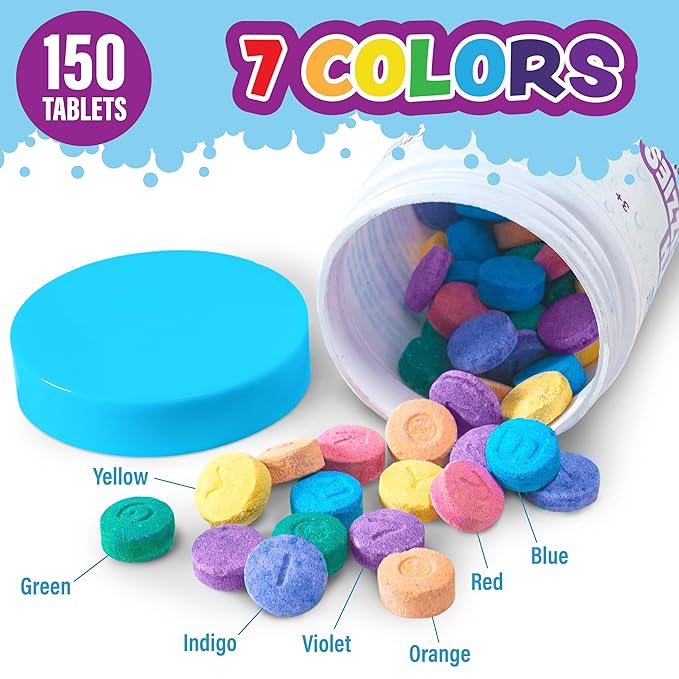 Tub Works® Bath Color Fizzies, 150 Count | Nontoxic & Fragrance-Free | Fizzy, Bath Color Tablets for Kids | Create Fun Bath Colors | Water Tablets in 7 Colors for Variety | Bath Bombs for Kids Bath