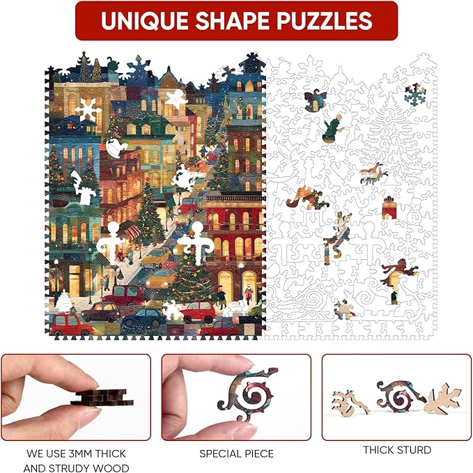 Puzzles for Adults Christmas Eve Street Wooden Jigsaw Puzzle, 200 Pcs Irregular Shaped Beautiful Pieces, Birthday for Parents and Kids, Fun Challenge Family Game 8.9'' x 11.6''