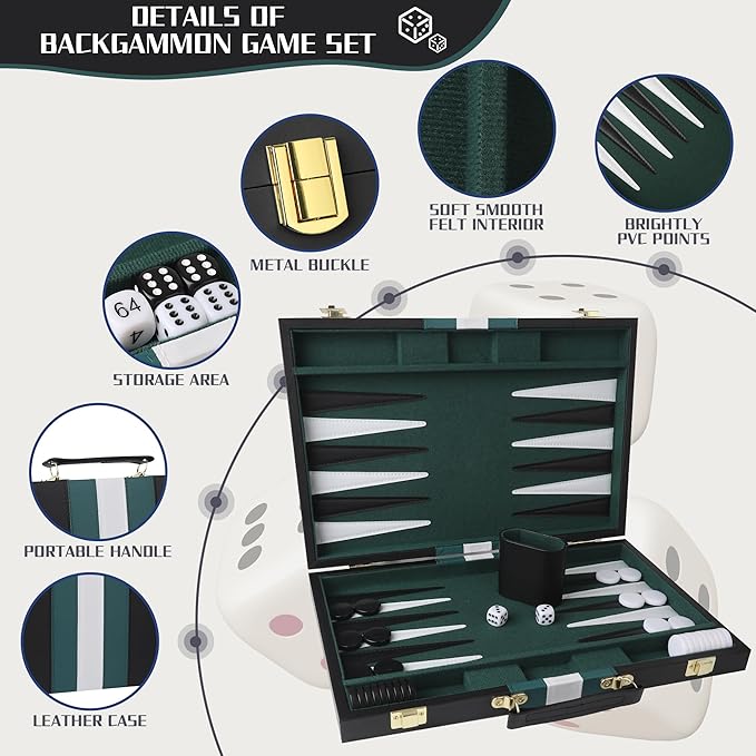 Froggod 15 inch Backgammon Sets for Adults - Classic Board Game for Adults - Portable Travel Backgammon Set for 2 Players - Perfect Adult Board Games for Gifts & Family Fun(Black)