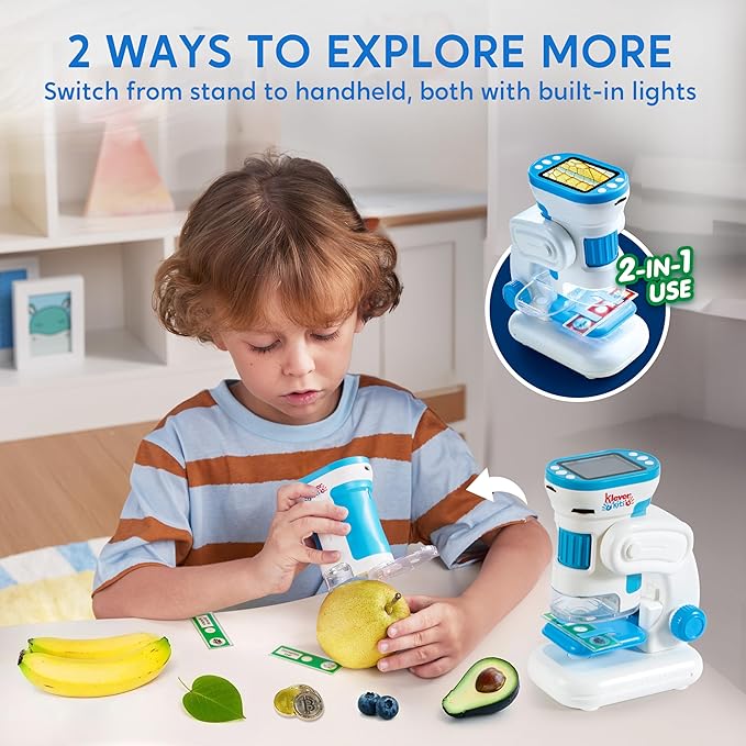 Klever Kits 2 in 1 Handheld Microscope for Kids, 1000X HD Digital Kids Microscope with 2.0'' LED Screen, Portable Pocket Handheld with Slides, 32G Card, Edu Gifts Toys for Ages 5-12