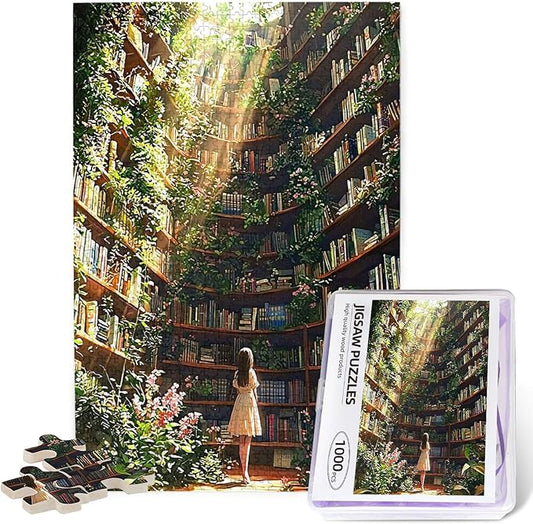 Library Jigsaw Puzzle 1000 Pieces，Library Bookshelf Jigsaw Puzzles,Plant Bookshelf Puzzles, Library Retro Aesthetic 1000 Pieces Puzzle Art, Botanical Literary Theme Difficult Challenging Hard Puzzle