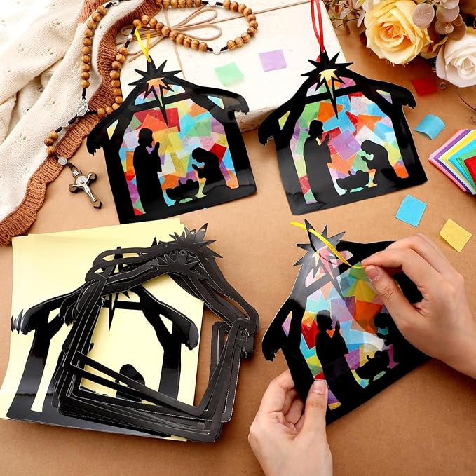 Eersida 32 Sets Christmas Nativity Suncatchers Craft Kit DIY Christianity Tissue Paper VBS Sunday School Craft Make a Nativity Tissue Paper Kit for Holy Night Christian Religious Lent Bible Window Art