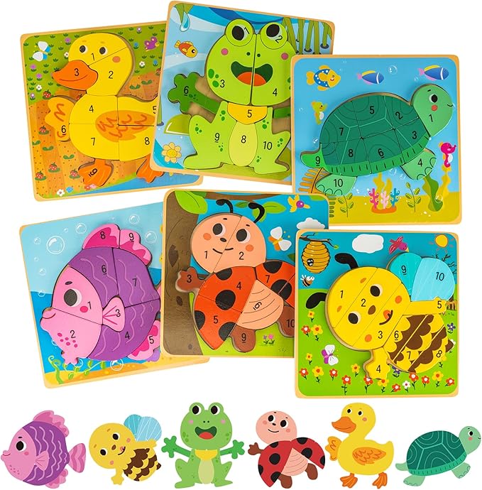 deli Wooden Toddler Puzzles, 6 Pcs Animals Puzzles for Toddler, Montessori Preschool Educational Learning Toys Make a Great Gifts for 1 2 3 4 5 Year Olds