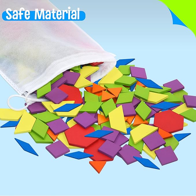 215 PCS Wooden Pattern Blocks Set, 24 Double-Sided Design Cards Pattern Building Shapes Educational Geometric Shape Puzzle Fun Tangram Montessori Learning Toys for Kids Ages 4-8 (A Storage Bag)