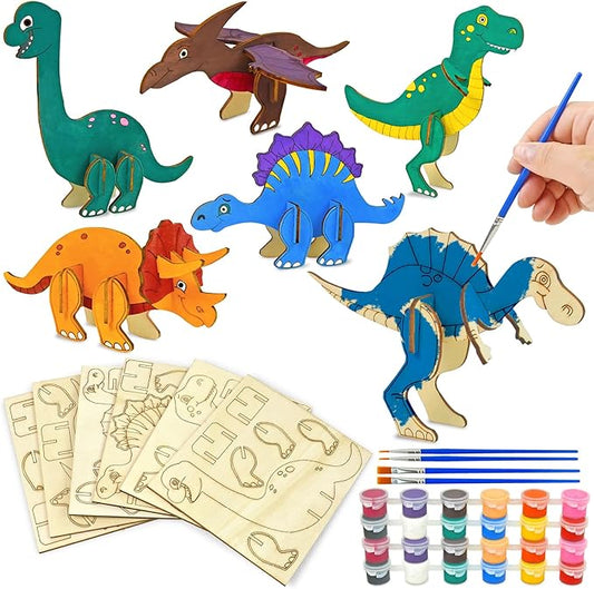 Vileafy Wooden Dinosaur Crafts for Kids Ages 4-8, 3D DIY Painting Kit with 6 Dinosaurs, Brushes & Paint -Arts and Crafts - Preschool Activity and Gift for Boys and Girls