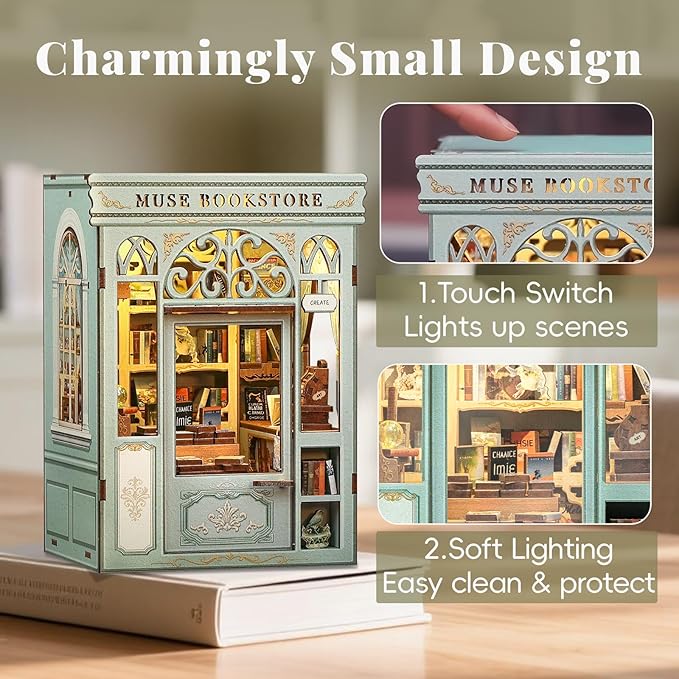 CUTEBEE DIY Book Nook Kit, Miniature House Kits for Adult and Teens, DIY Miniature Book Nook kit with Sensor Led Light, Gifts for Lovers and Family (Muse Bookstore)