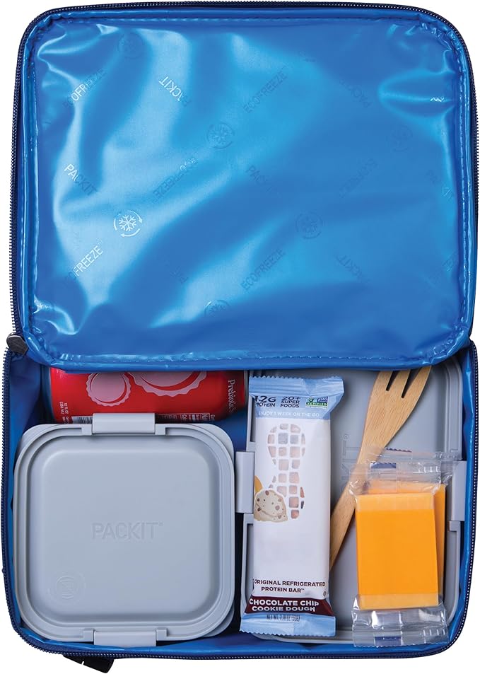 PackIt Freezable Classic Lunch Box, True Blue, Built with ECOFREEZE Technology, Collapsible, Reusable, Zip Closure With Front Pocket and Buckle Handle, For Work Lunches and Fresh Lunch On the Go