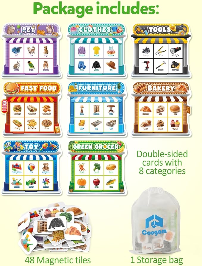 Coogam Magnetic Sorting Toys, Montessori Fridge Magnets Matching Game, Food Pets Grocery Furniture Category Recognition, Educational Learning Fine Motor Toy Gift for Toddler Ages 3-8