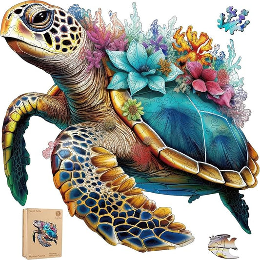 Wooden Puzzles for Adults, Coral Sea Turtle Jigsaw Puzzles 500 Piece, Unique Shape Puzzles for Adults and Kids, Fun Challenging Puzzles Family Game Gift, Royal Size 16.7 x 16.3 Inches
