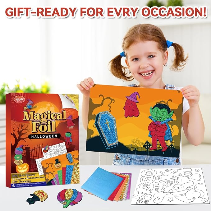 Halloween Crafts for Kids Foil Art No Mess Foil Craft Toy for Kids Ages 4 5 6 7 8 9 10, DIY Activity Kit with Spooky Ghosts, Pumpkins & Bats,Halloween Party Favors Toys & Games for Boys and Girls